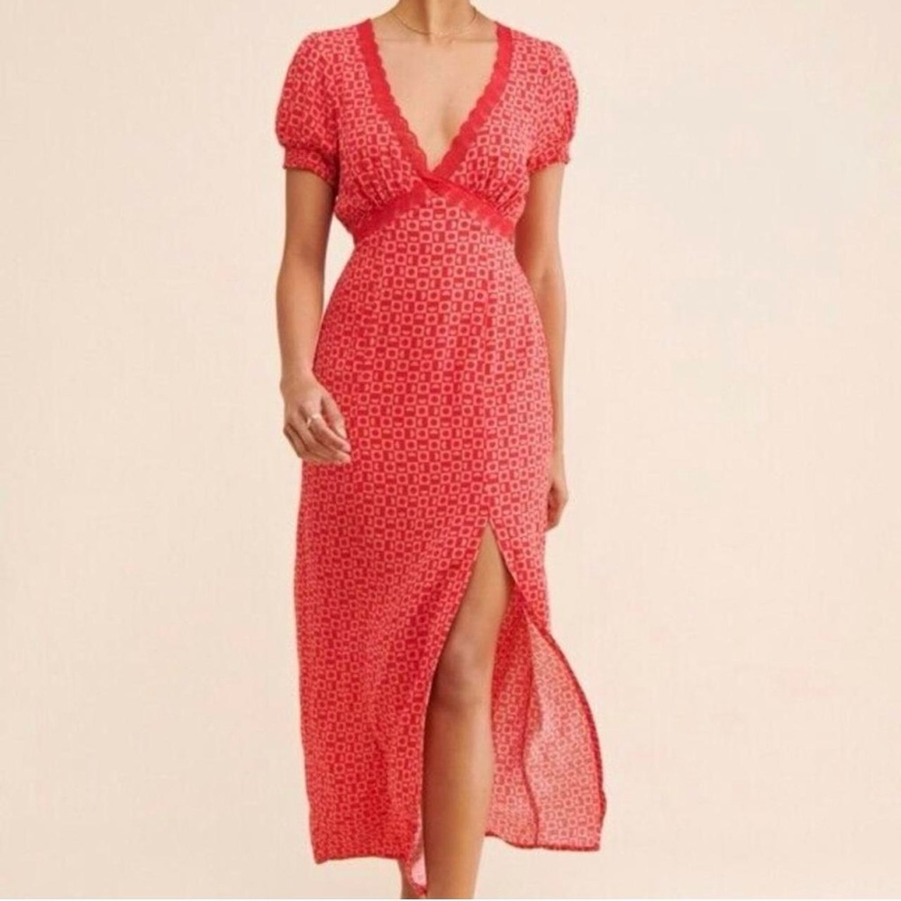 NEW FREE PEOPLE red summer midi dress with slit. Size: Large